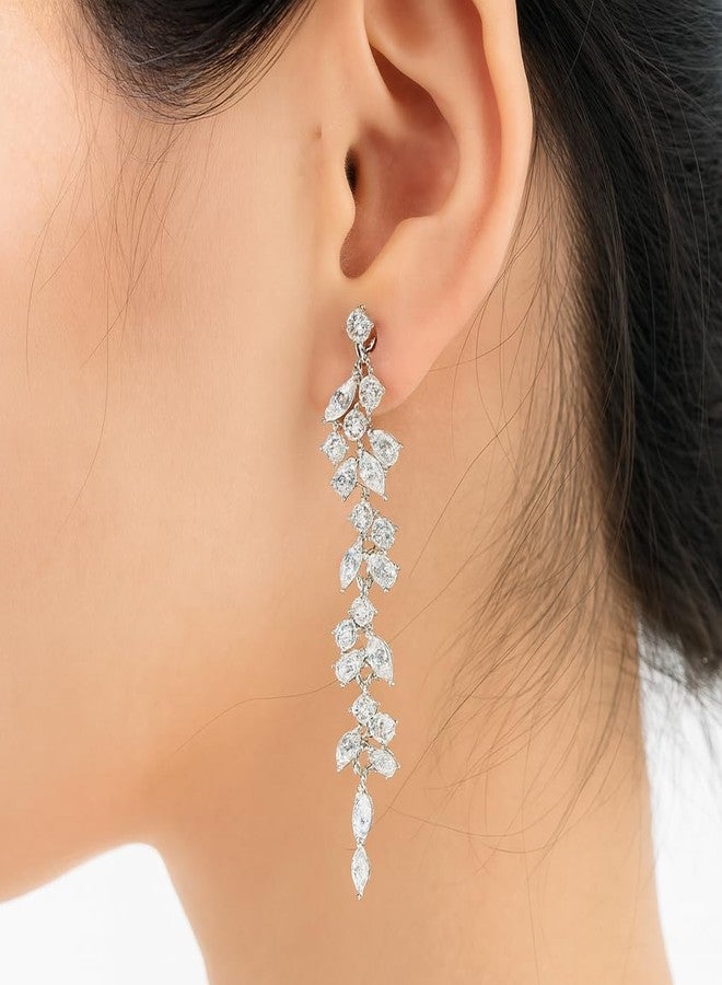 ZENCHEER Long Tassel 925 Sterling Silver Drop Clip On Earrings for Women, Cubic Zirconia CZ Dangle Drop Earrings Non Pierced Earrings for Wedding Party - Image 3